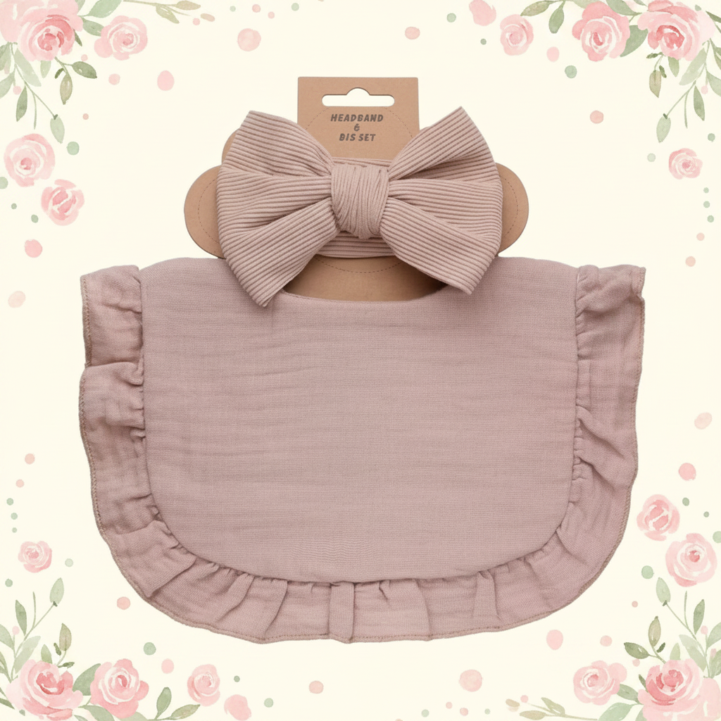 Baby Girl Bib n Headband Set Brown